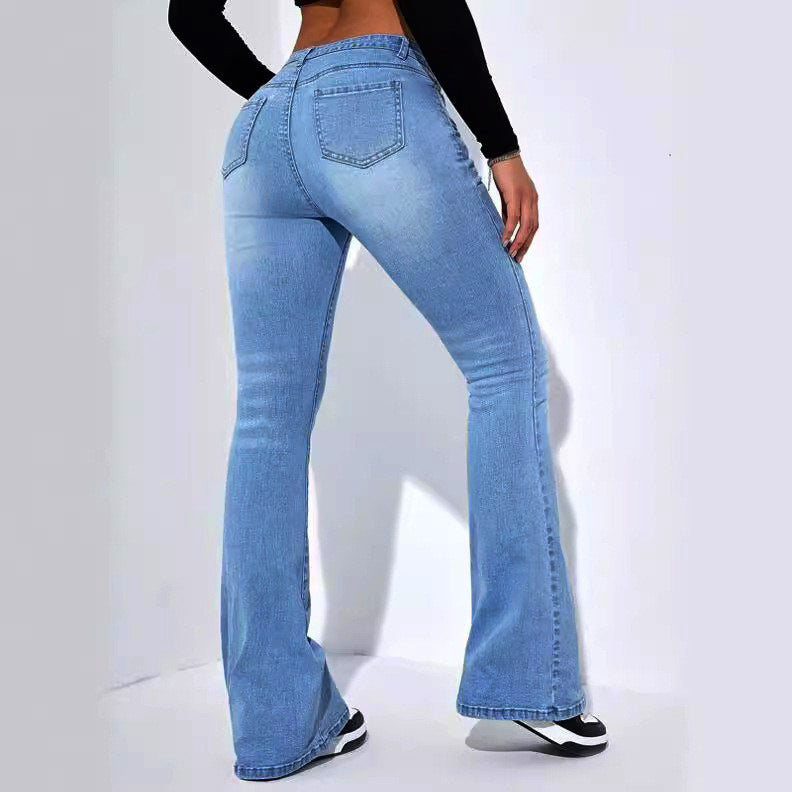 Women Elastic Bell Bottom Denim Pants 5