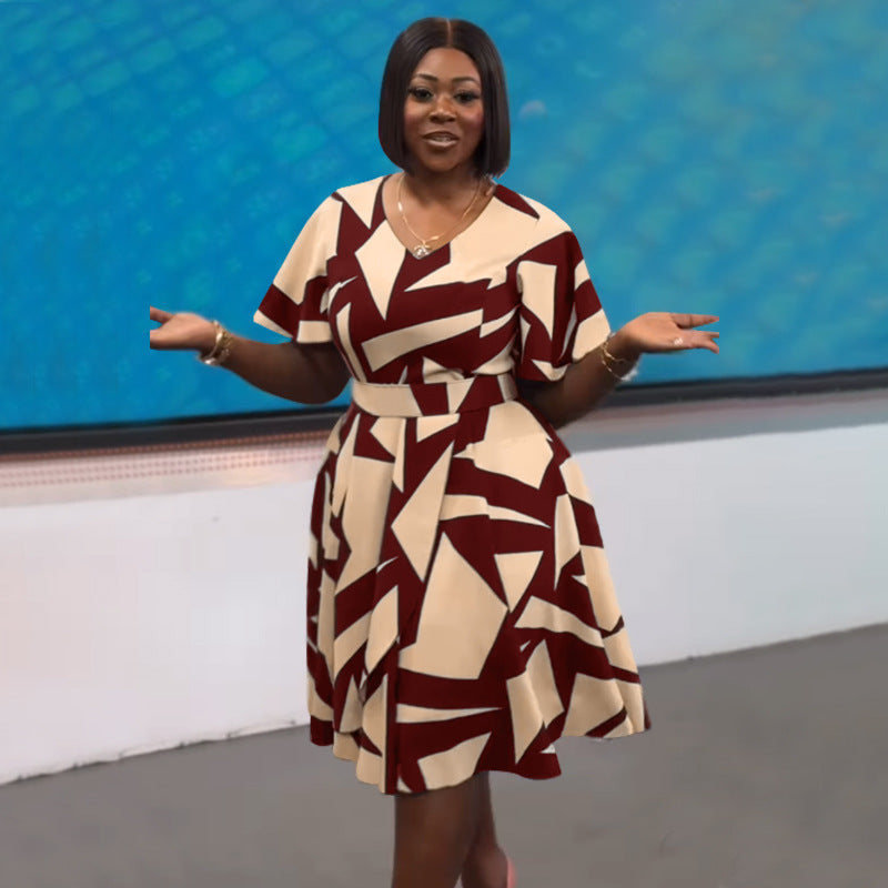 Spring and Summer Elegant Women's V-Neck Printed Slit Dress 4