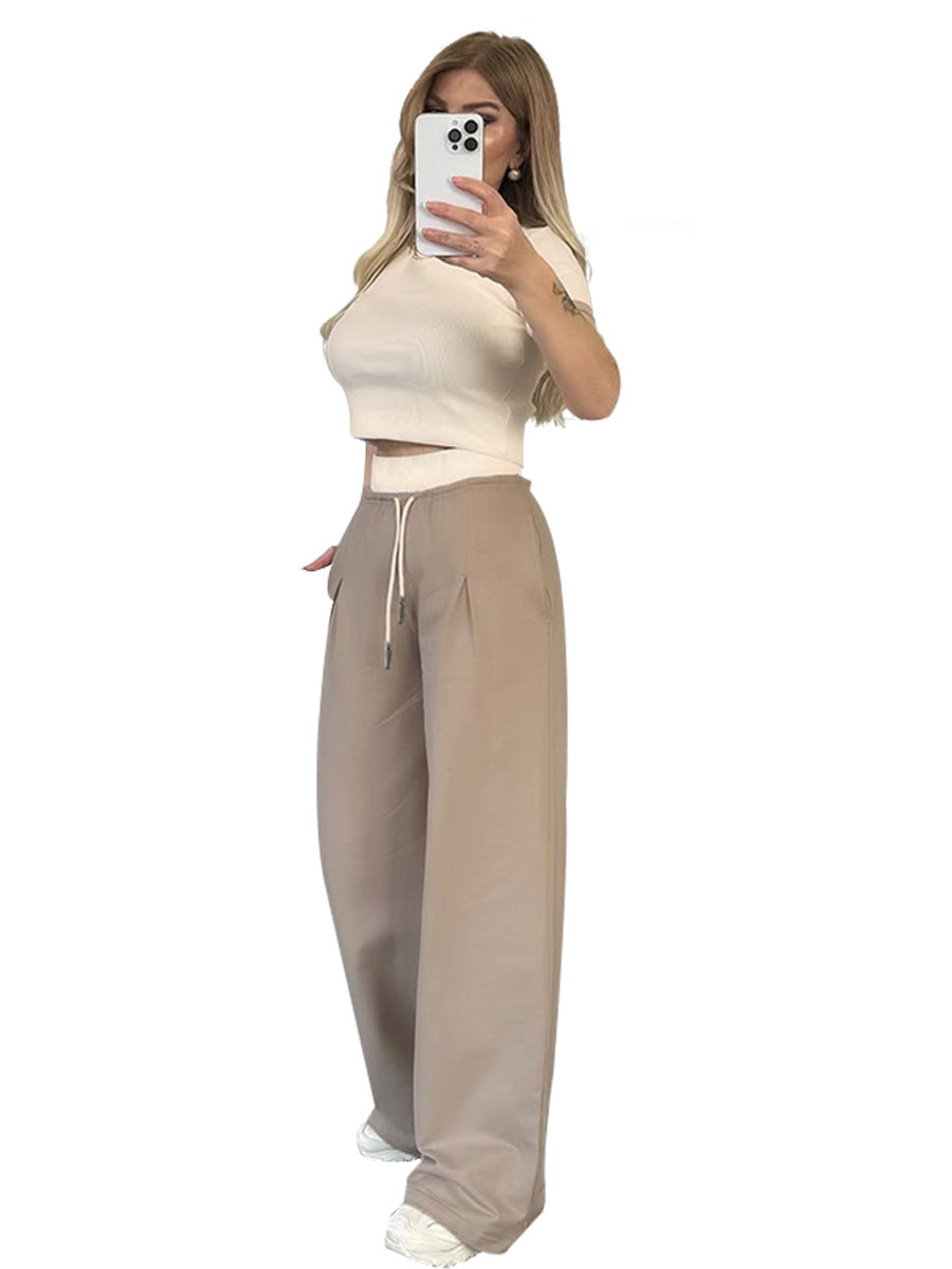 Women's Summer Color-Blocked Round Neck Short Sleeve Casual Pants Set 9