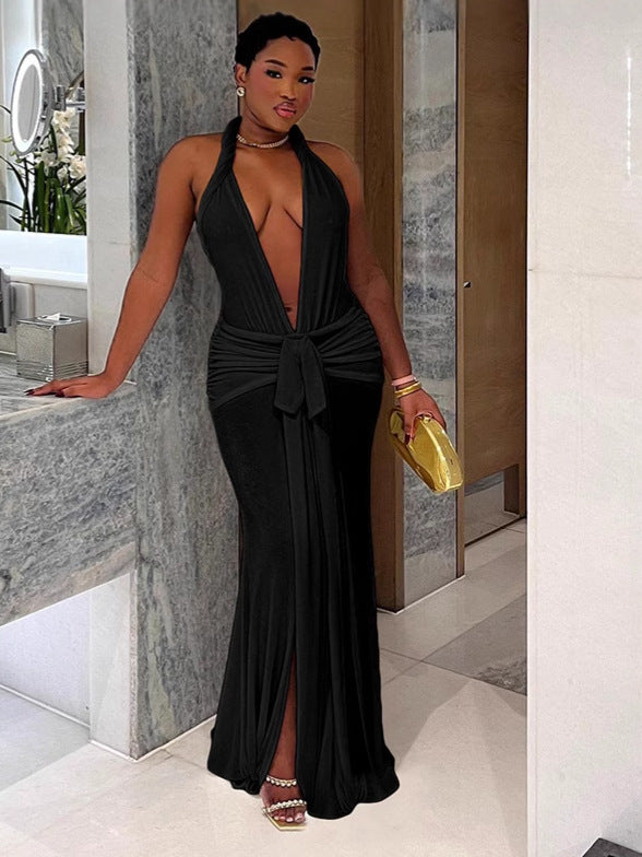 Women Sexy Backless Halter Neck V-neck Solid Slit Dress 5