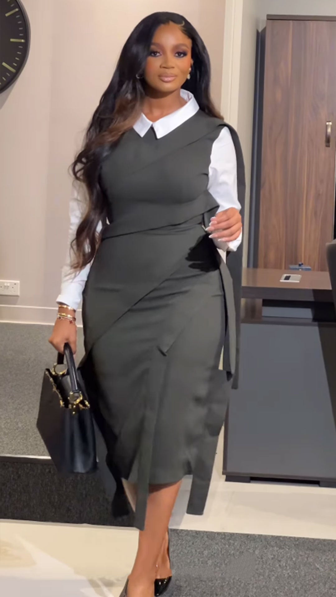 Women patchwork contrast color split dress 3