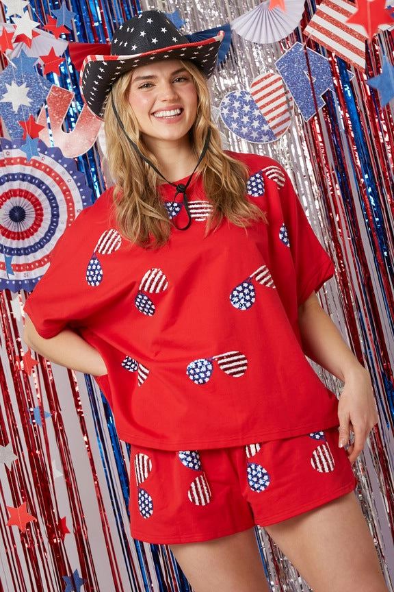 Summer Women's Sequined Short-Sleeved Tops Shorts Two-Piece Sets 5