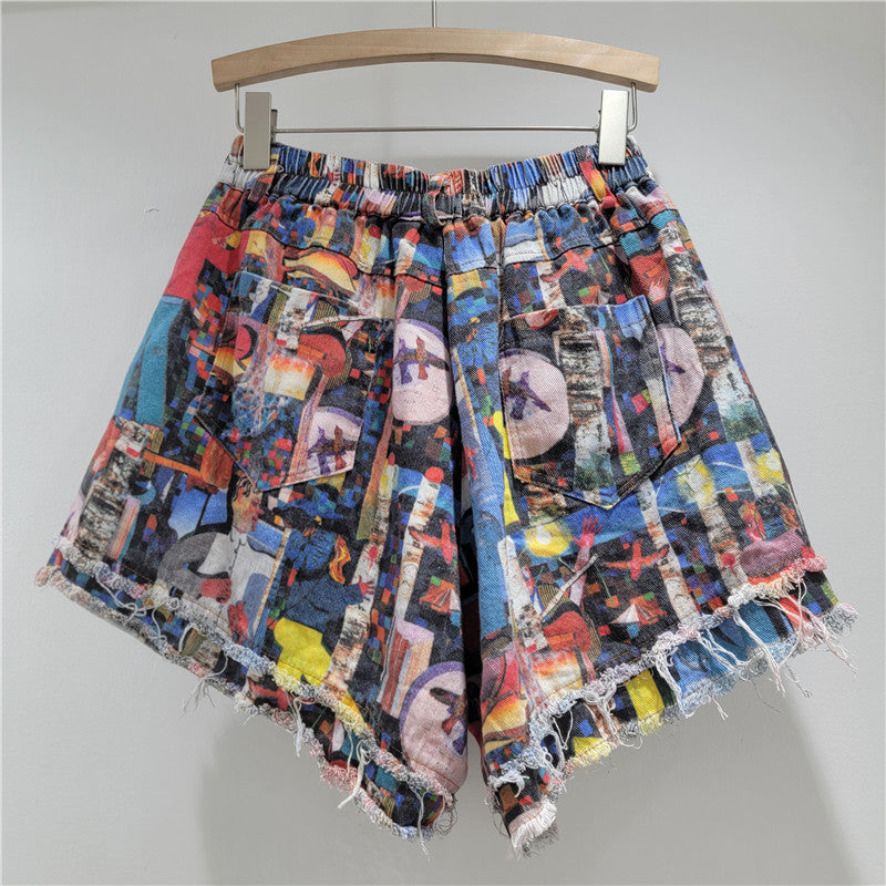 Summer Fashion Printed Distressed Wide-Leg Denim Shorts