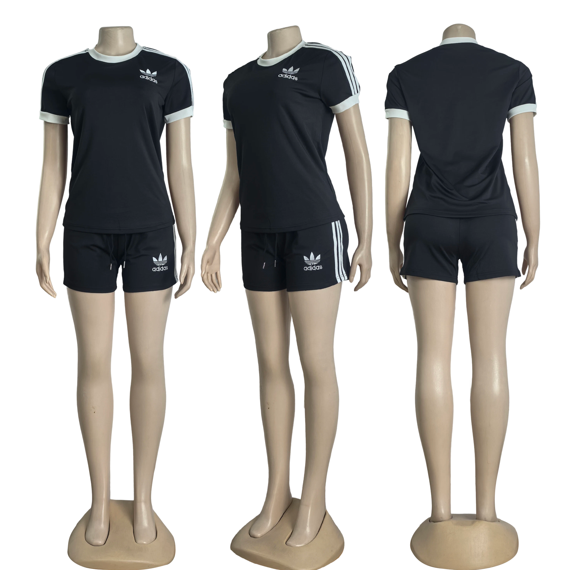 Women casual summer pocket embroidery sports striped short-sleeved top and shorts two-piece set 4