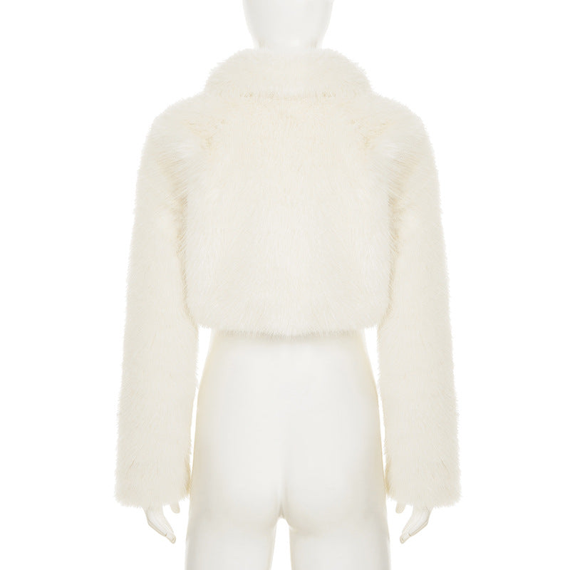 Women fall/winter faux furry metal Pu-Leather buttoned turndown collar top 10