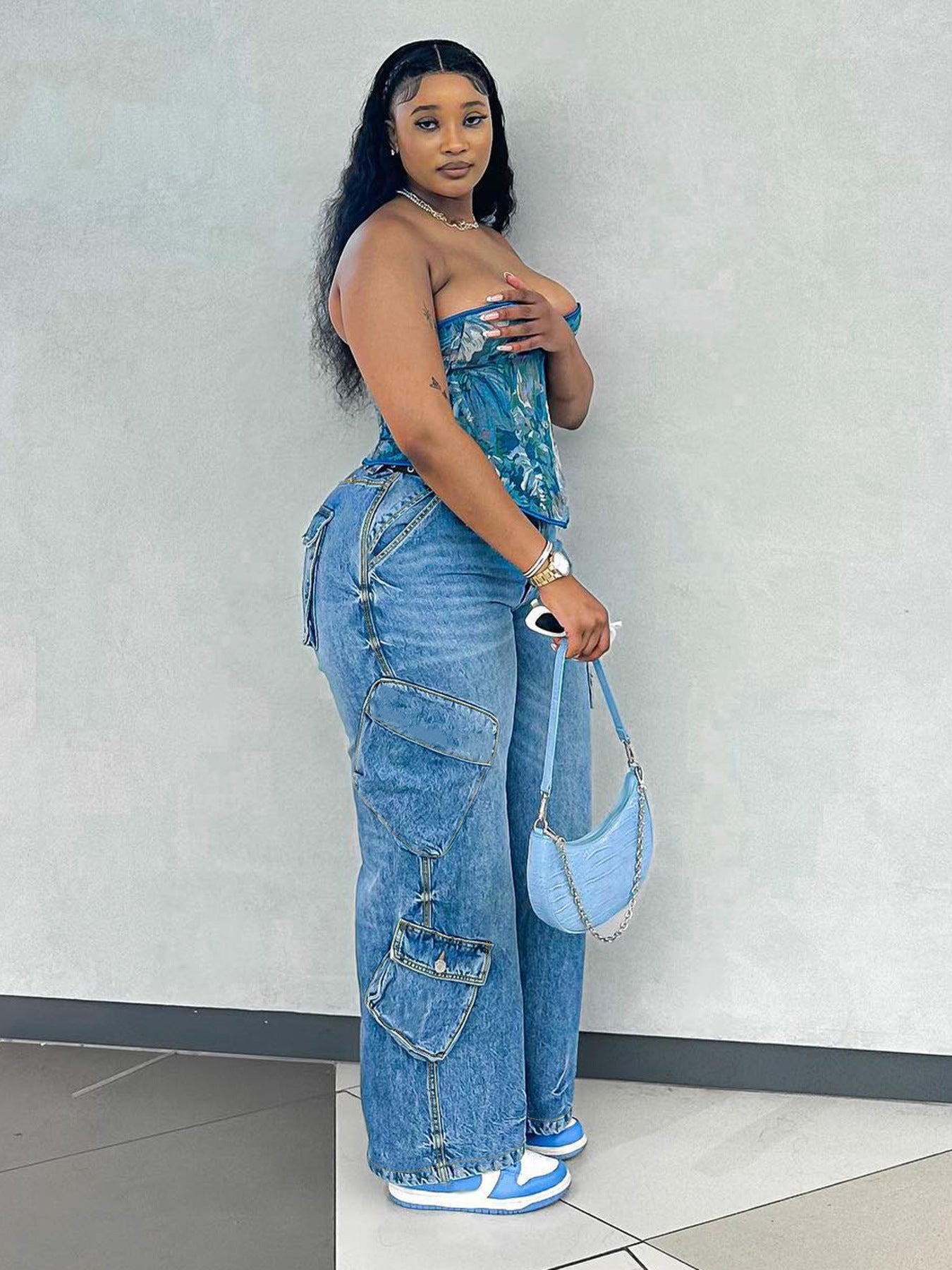 Fashion Light Blue Multi-Pocket Loose Denim Pants 4