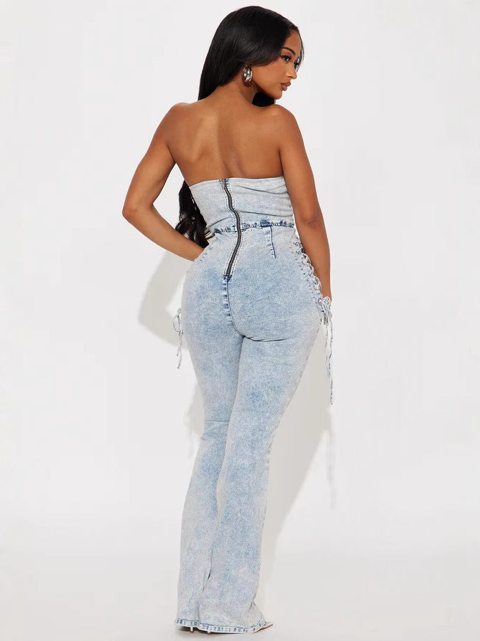 Women sexy Lace-Up Strapless washed Denim Jumpsuit 3