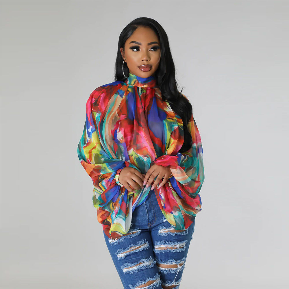 Women's Summer Lace-Up Printed Chiffon Shirt Bat Sleeves Top 5