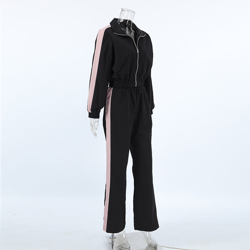 Women American contrast color sports casual jacket trousers Two Piece Set 10