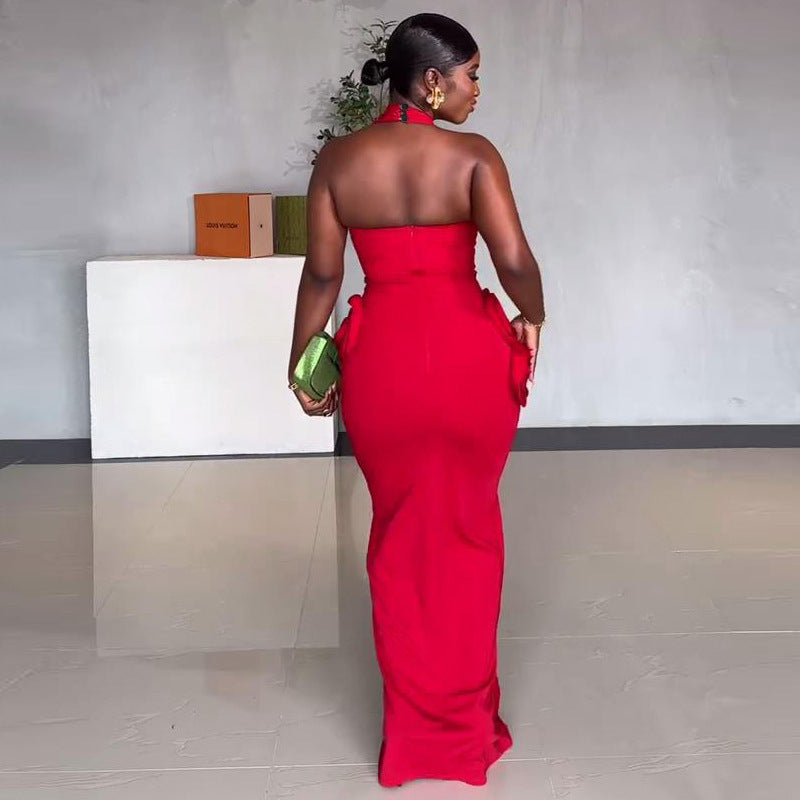 Elegant Women Flower Halter Slit Long Dress 6