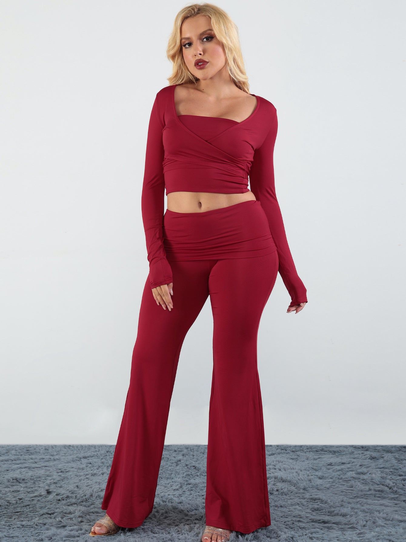 Autumn And Winter Solid Color Casual Long-Sleeved Top Strapless Top Bell Bottom Pants Three-Piece Set