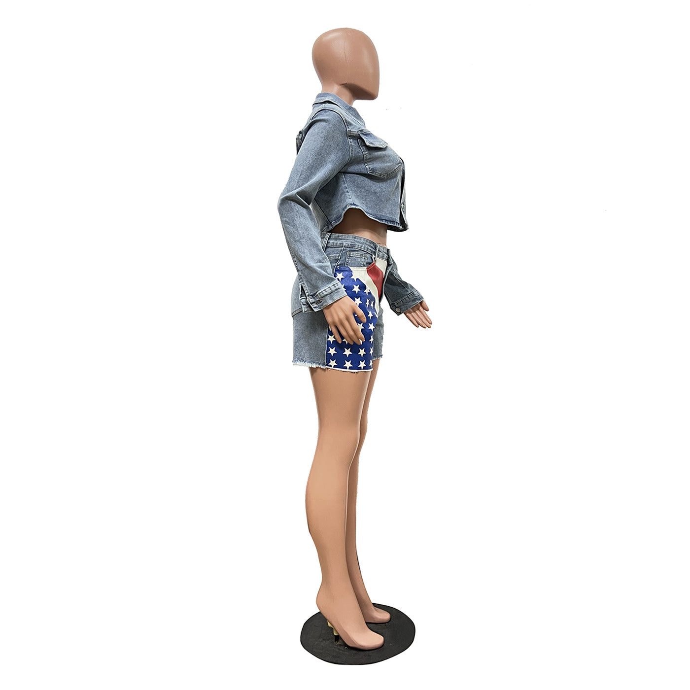Casual Flag Print Denim Two Piece Shorts Set 7