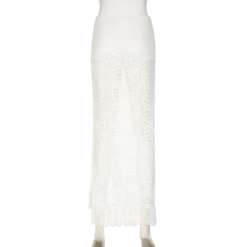 Lace Jacquard See-Through Ruffle Bow Detail Slit Skirt 5