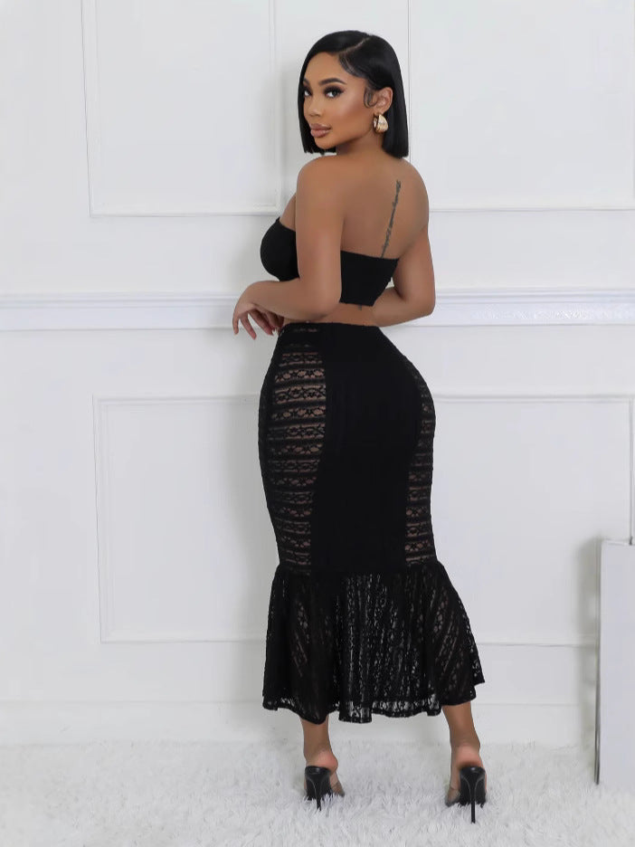 Women Spring Sexy Strapless Crop Top and Bodycon Fishtail Skirt Two Piece Set 3