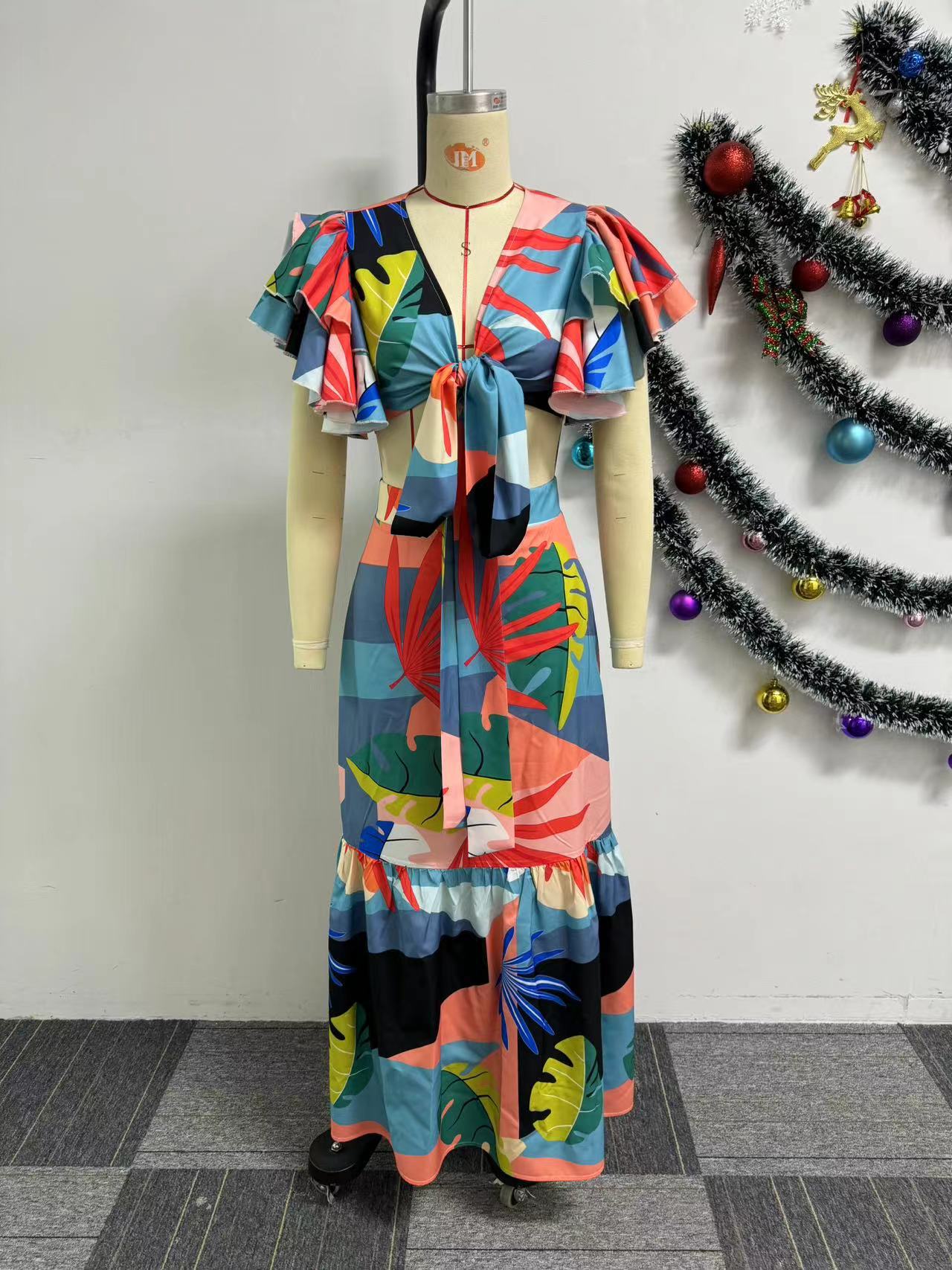 Women Sexy Printed Ruffle Lace-Up Top and Skirt Two-piece Set 7