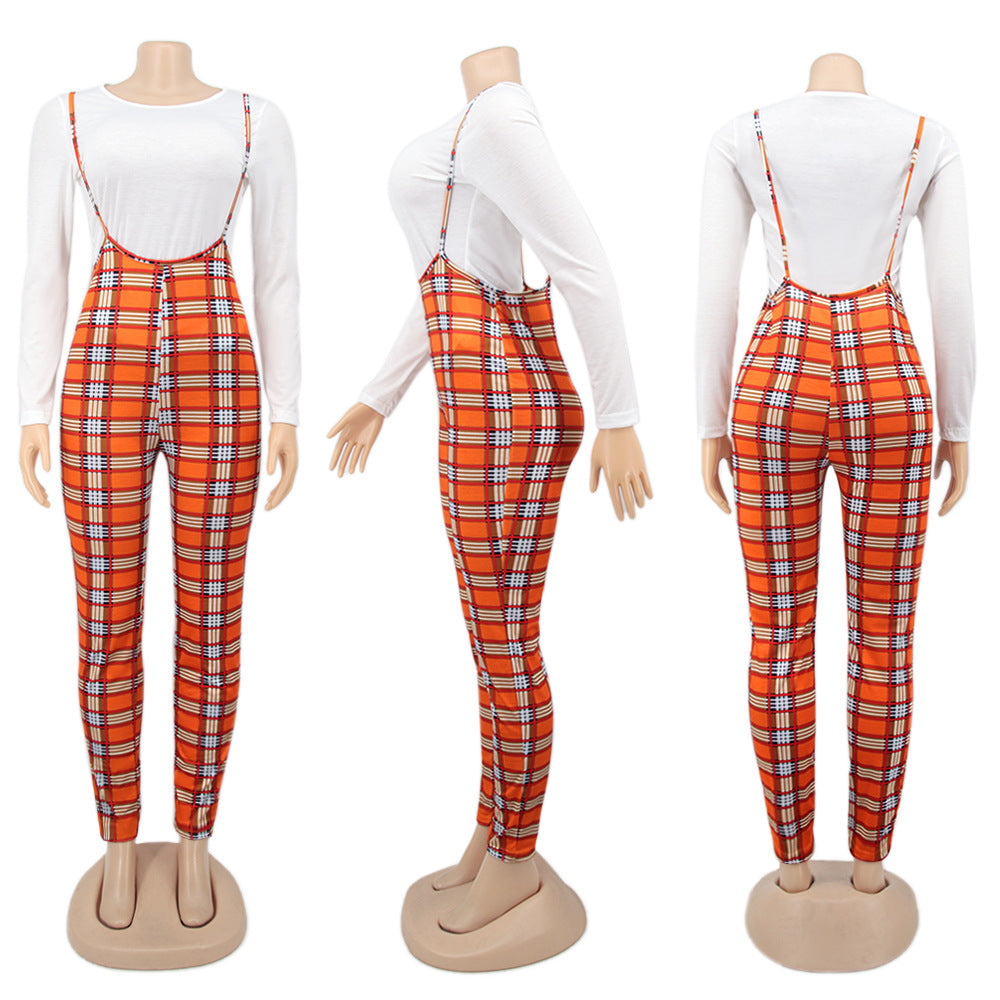 Spring Printed Long-Sleeved Slim Fit Women's Strap Casual Two Piece Pants Set 11