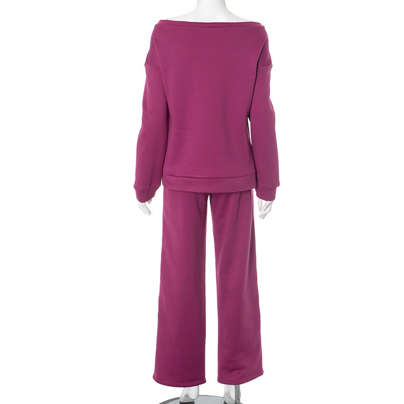 Women Fall/Winter Digital Print Off Shoulder Top and Pants Two Piece Set 9