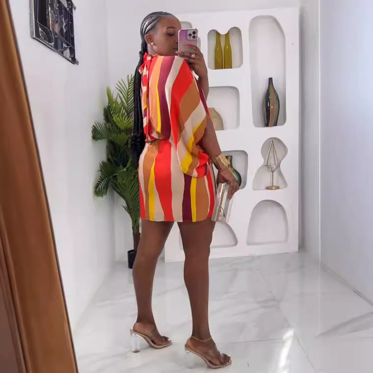 Women Sexy Color Stripe Print Lace-Up Bat Sleeves Bodycon Dress 7