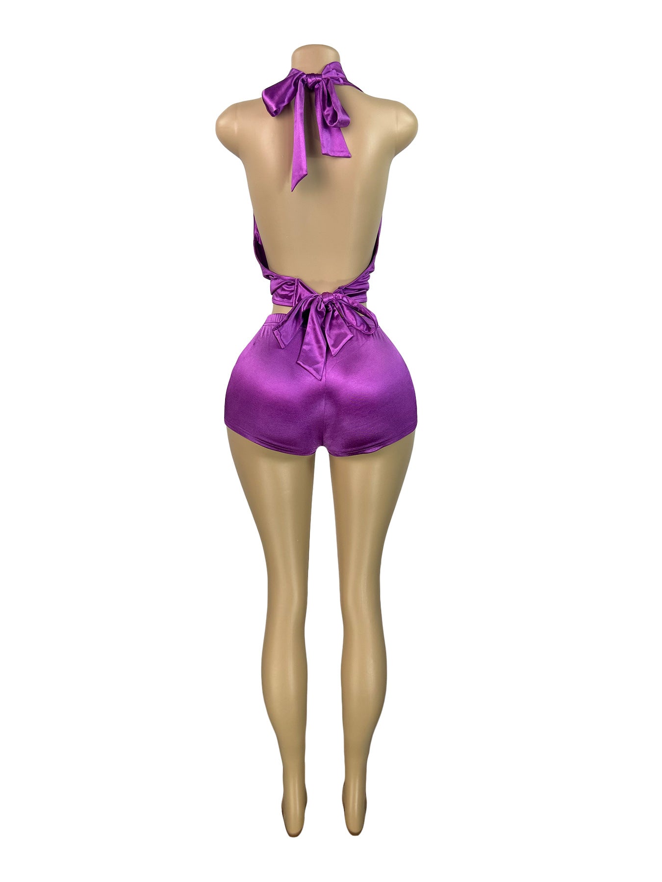 Women Satin Halter Neck Lace-Up V-neck Top and Shorts Two-piece Set 10