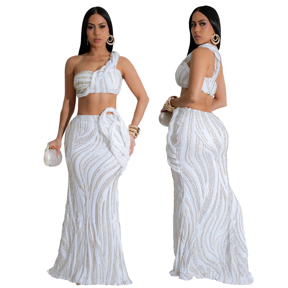 Women sleeveless one-shoulder Crop Top and sexy Bodycon skirt two-piece set 8