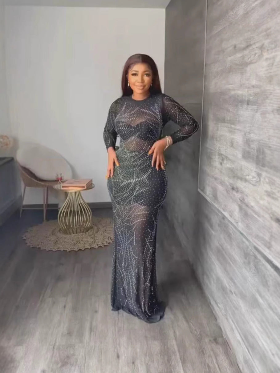 Women Long-Sleeved See-Through Mesh Beaded Sexy Bodycon Dress 5