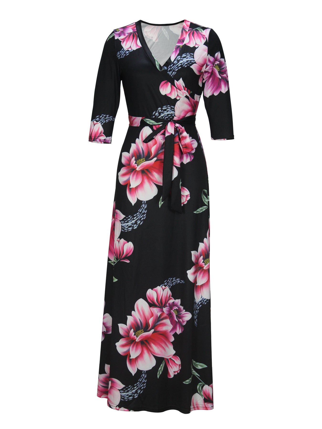 Spring & Autumn Women's Fashion Elegant Wrap V-Neck Half-Sleeve Print Belt Maxi Dress 101