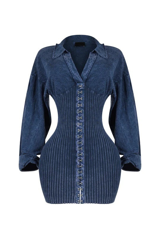 Deep V Women's Slim Patchwork Long Sleeve Denim Dress 4