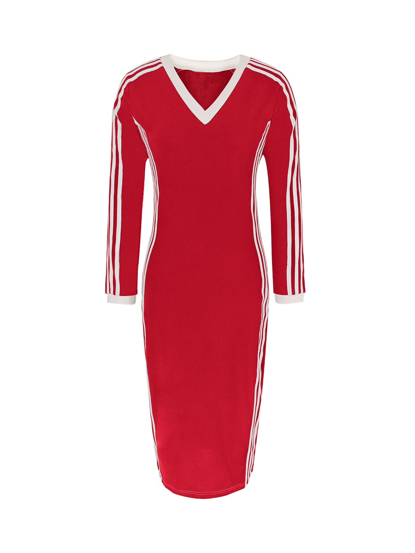 Women Casual Elegant V-Neck Striped Patchwork Long-Sleeved Dress 18