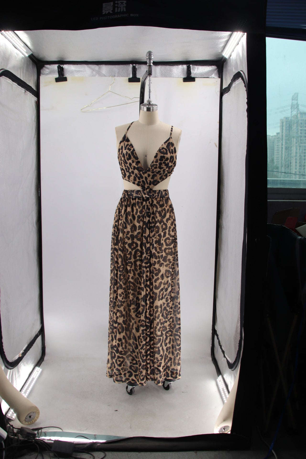 Women split leopard V Neck cross Backless Strap Dress 6