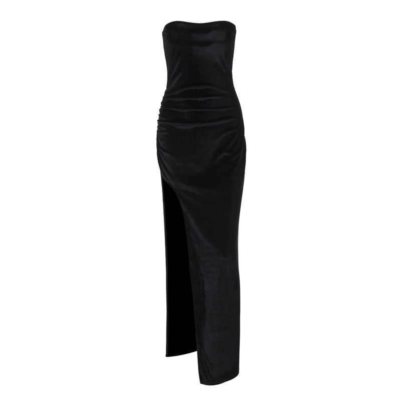 Women's Spring Fashion Sexy Slit Pleated Strapless Dress 6