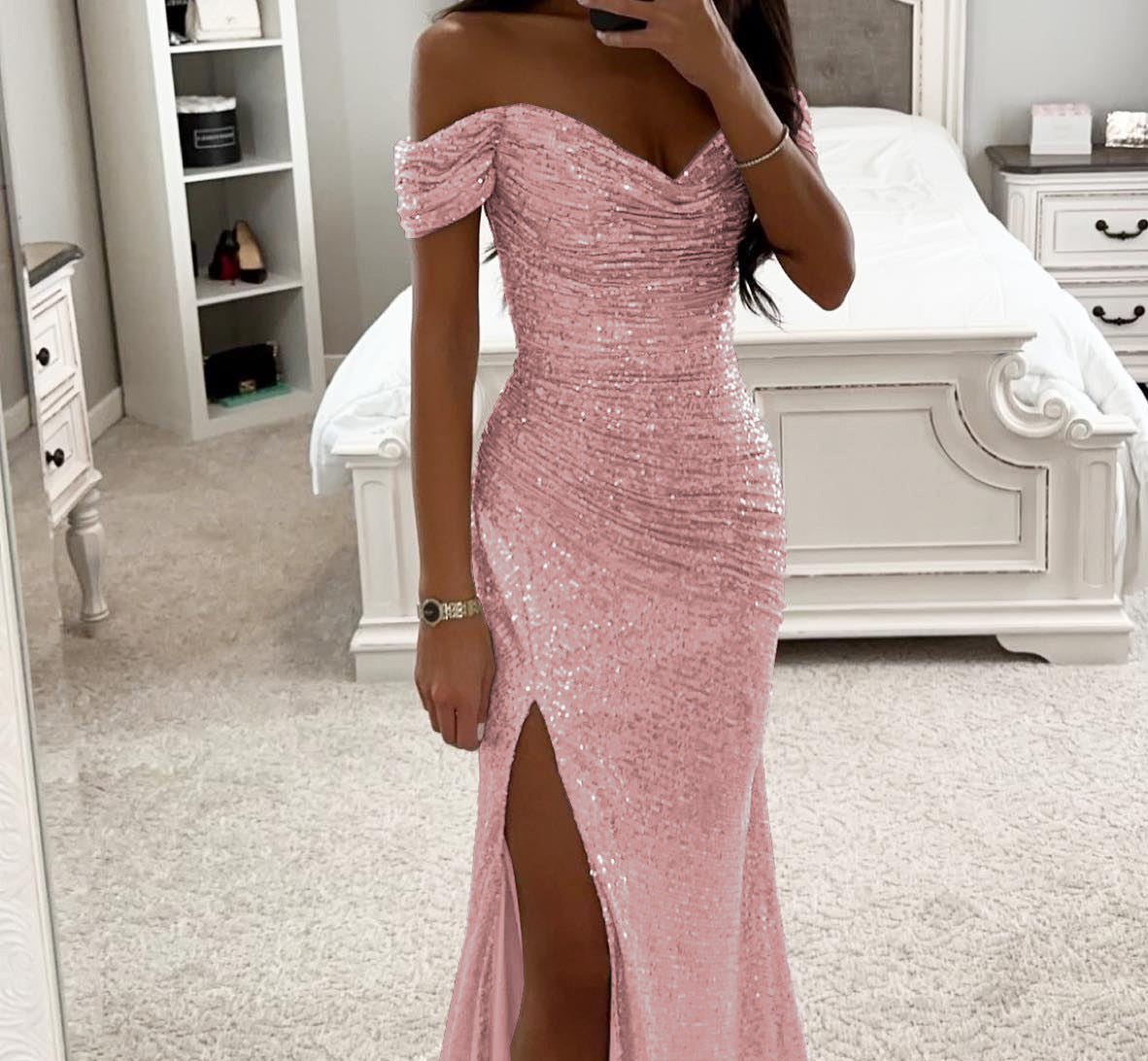 Women Sequin Off Shoulder Slit Dress 9