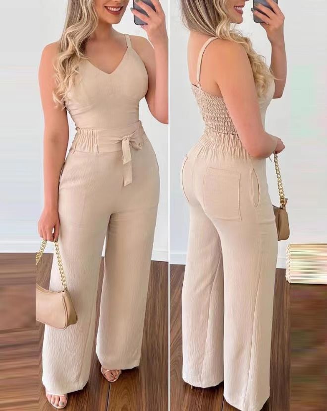 Summer Sexy Low-Back Strap V-Neck Short Vest & Drawstring High-Waist Straight-Leg Trousers Casual Set 10