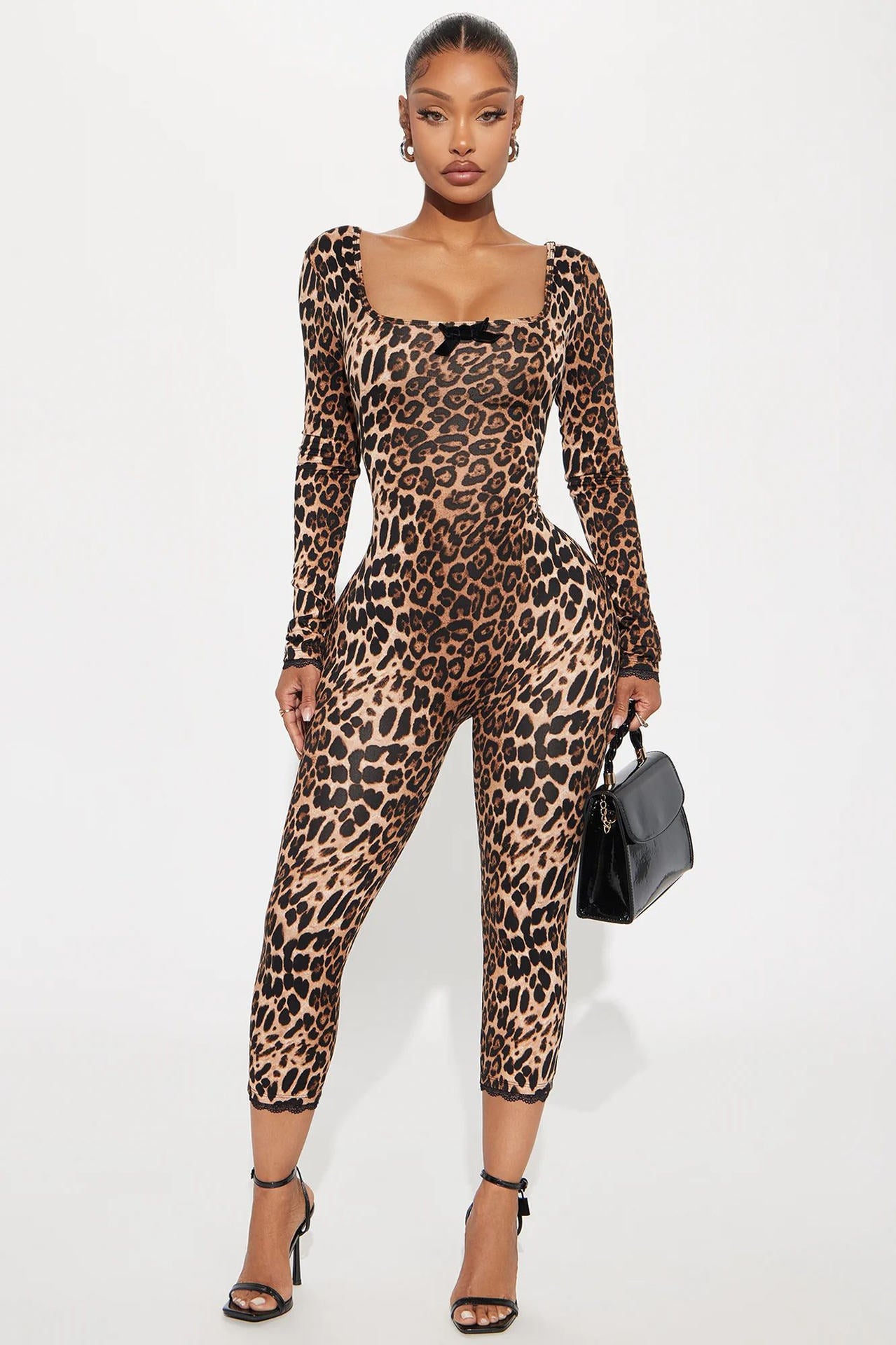 Fashion nightclub leopard print slim sexy elastic u-neck long sleeve jumpsuit