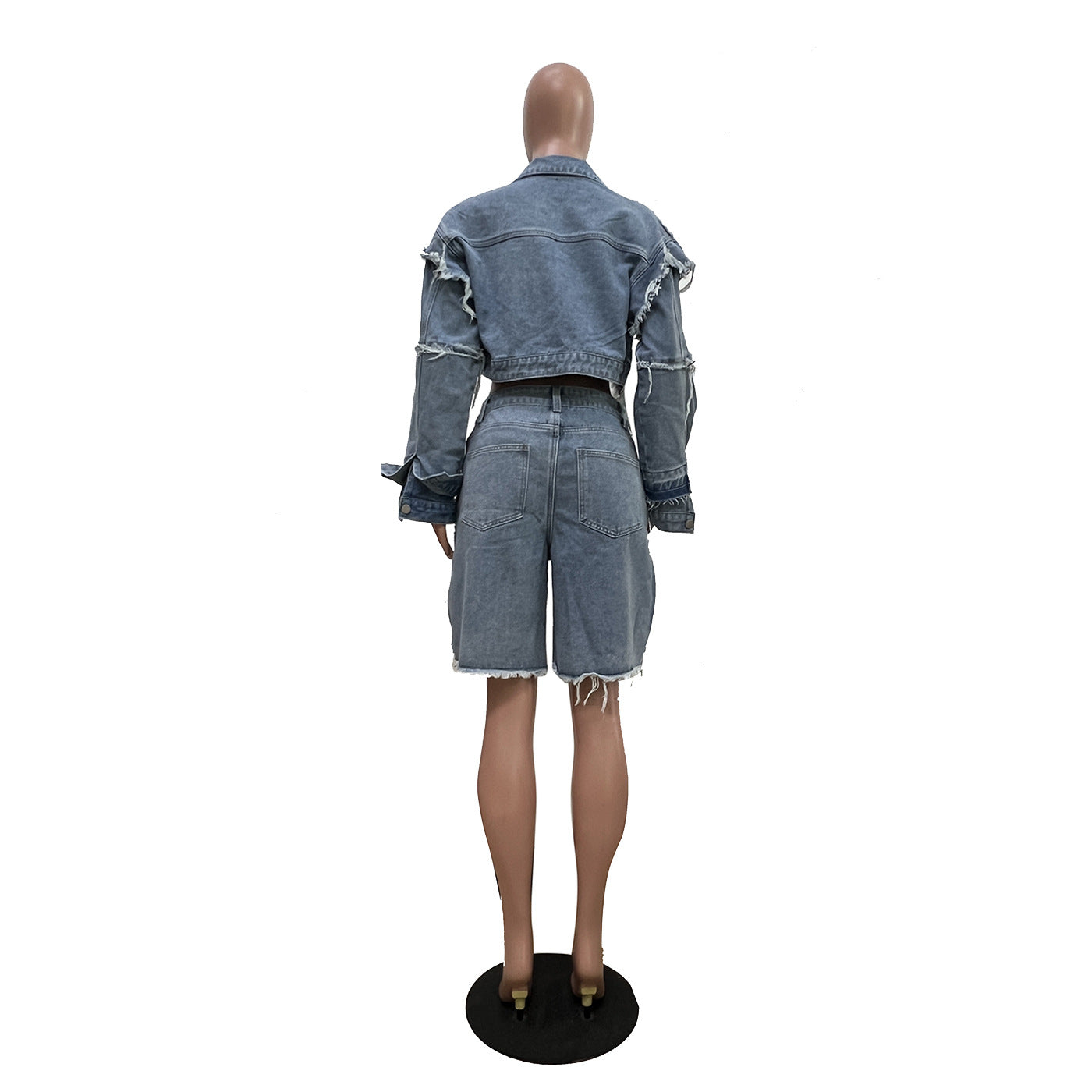 Washed Patchwork Denim Two Piece Shorts Set for Women 8