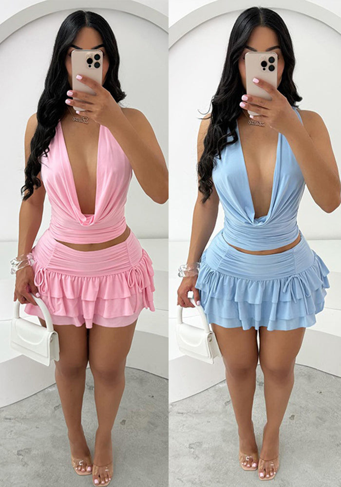 Summer Sweet Chic Sleeveless Low-Cut Swaying Neck Pleated Cascading Ruffles Skirt Set