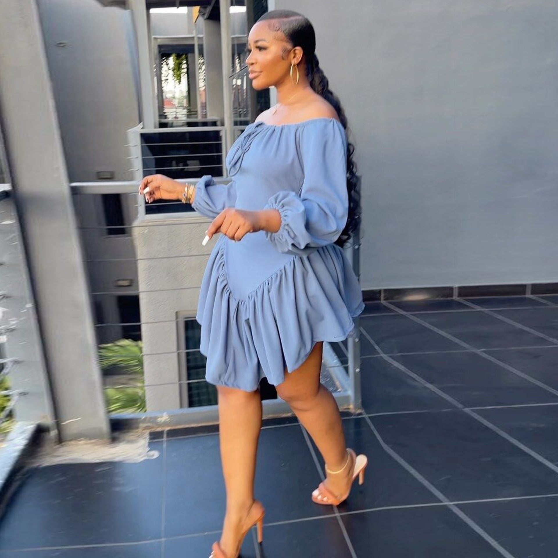 Sexy Slim Lace Lace-Up Elasticated Off Shoulder Balloon Sleeve Dress 4