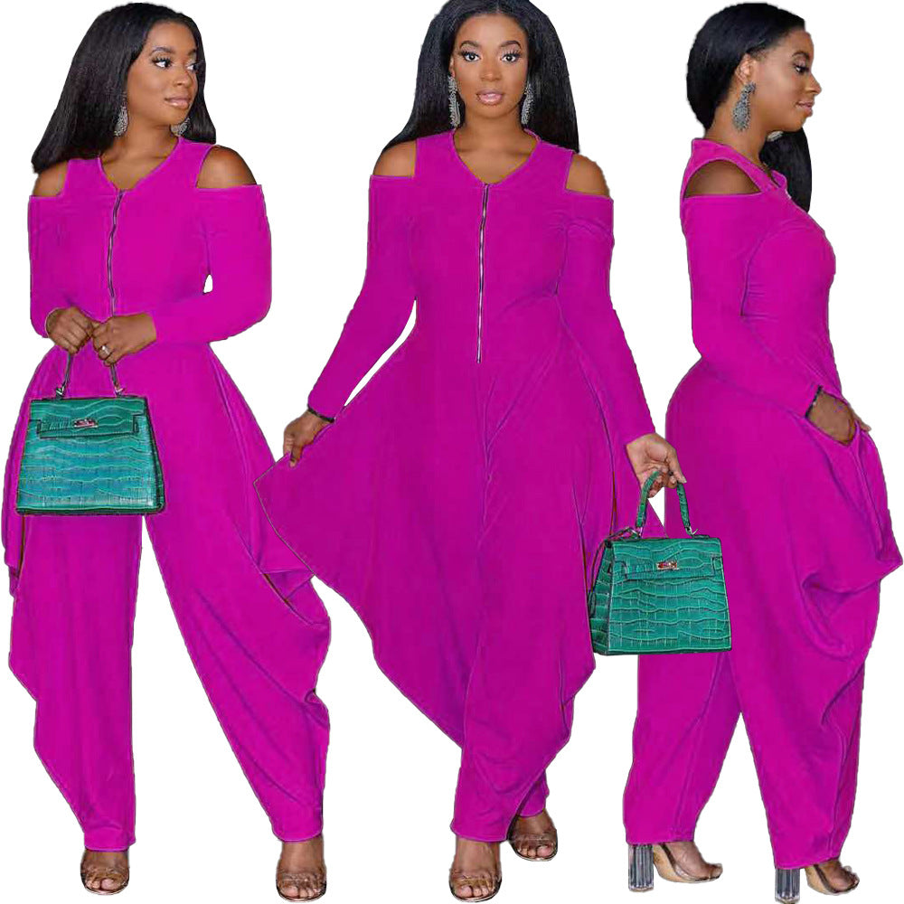 Women's Solid Color Cutout Long Sleeve Fashionable Loose Jumpsuit 12