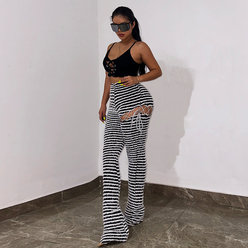 High-Waist Striped Patchwork Slim Fit Pants