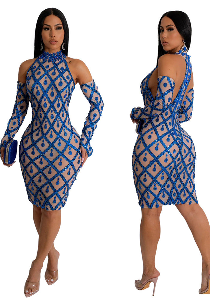 Fashionable Sleeveless Sequined Dress With Gloves 3