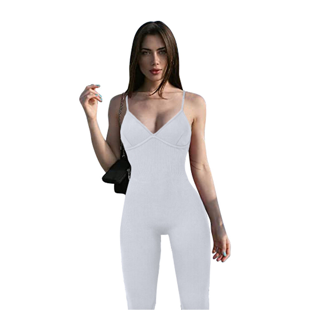 Women's Solid Color Rib Sling Deep V Tank with Chest Pad Casual Yoga Jumpsuit Ladies 8