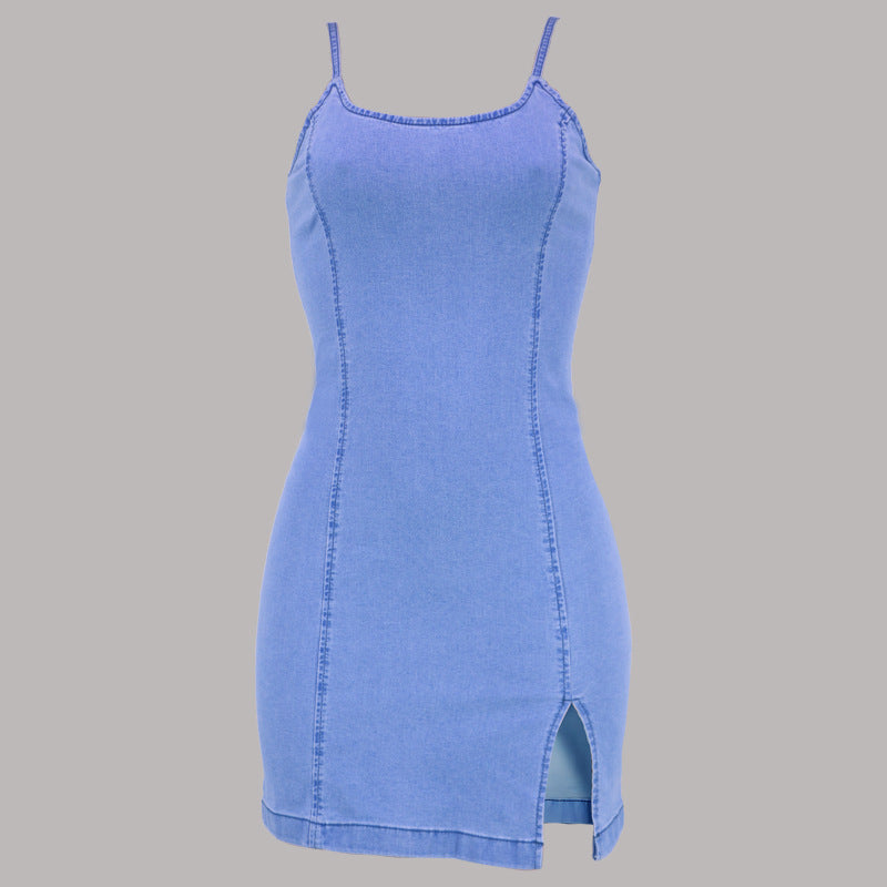 Straps Sleeveless Slit Stretch Denim Bodycon Dress 10