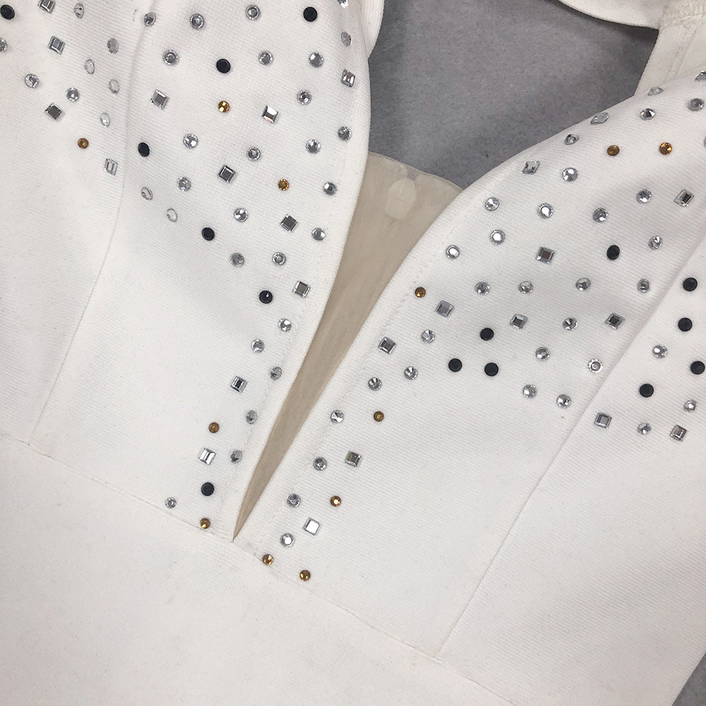 Women summer sexy V Neck party Patchwork feather Beaded Dress 7