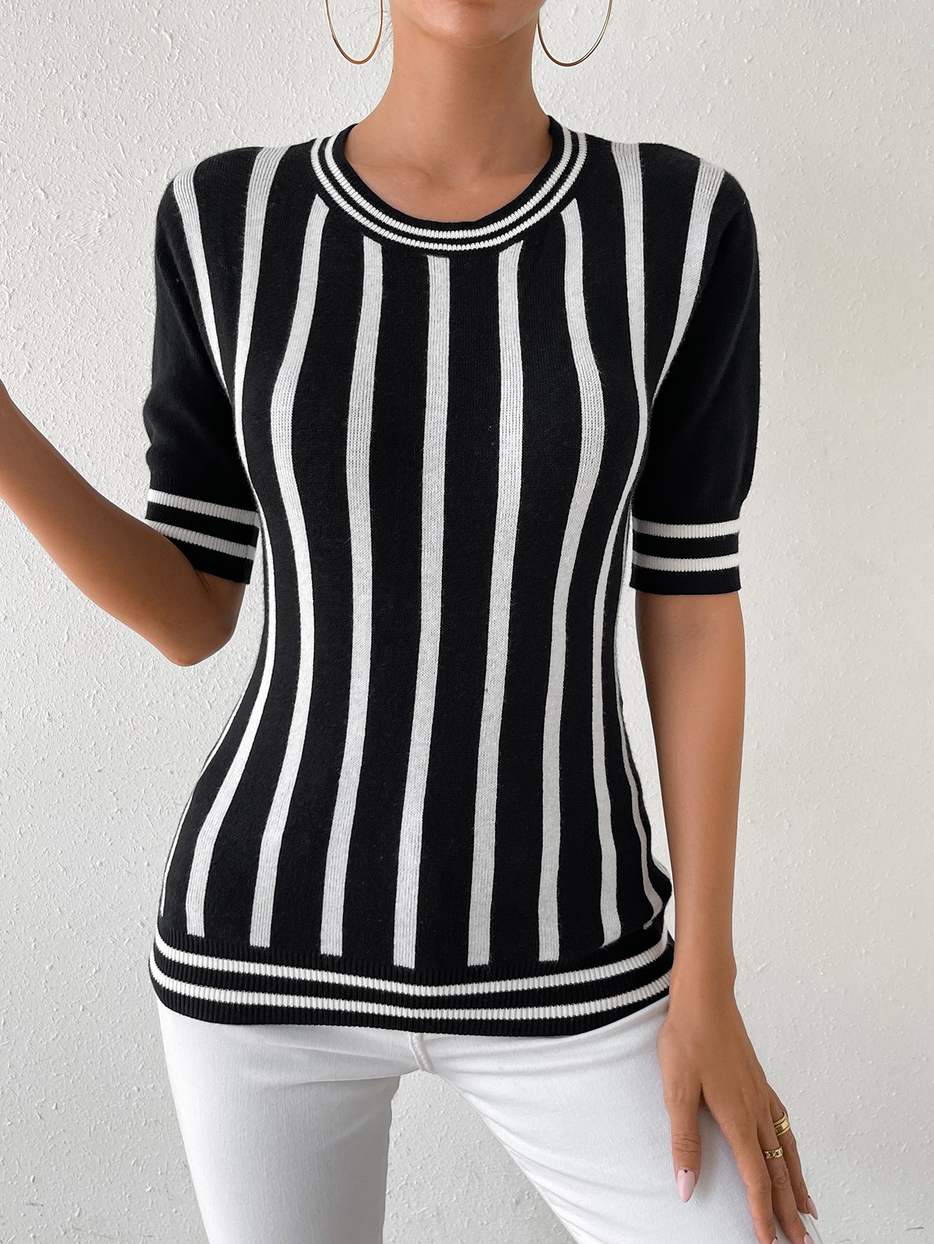 Women Striped Short Sleeve Casual knitting Top 5