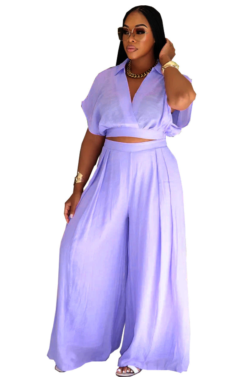 Women african solid turndown collar v neck top wide leg pants two piece set 10
