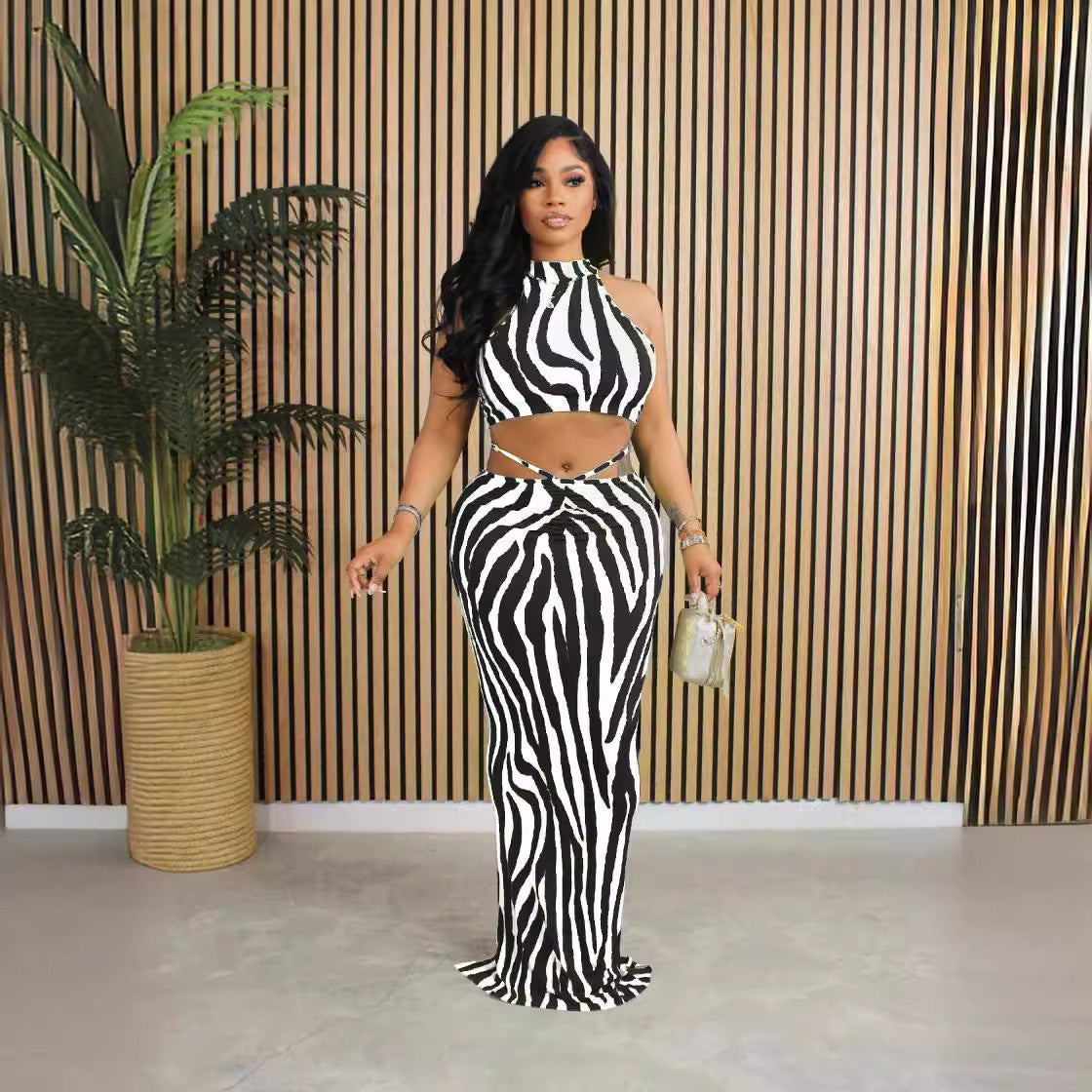 Women Striped Crop Top and Long Skirt Two Piece Set 4
