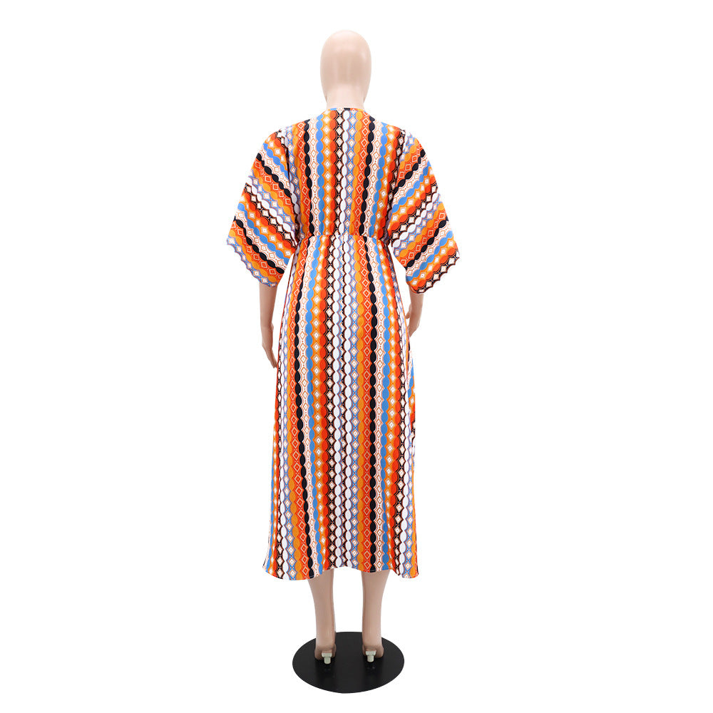 Women's fashion Holidays style striped print v-neck long dress 6