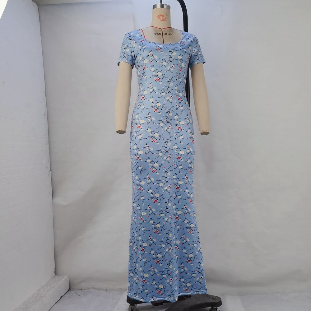 Women's Summer Print Round Neck Short Sleeve Slim Waist Slim Fit Bodycon Dress 8