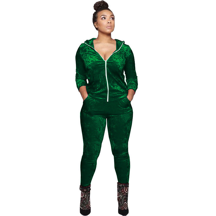 Women Fall and Winter Casual Velvet Hooded Zippered Top Long Pants Two-piece Set 12