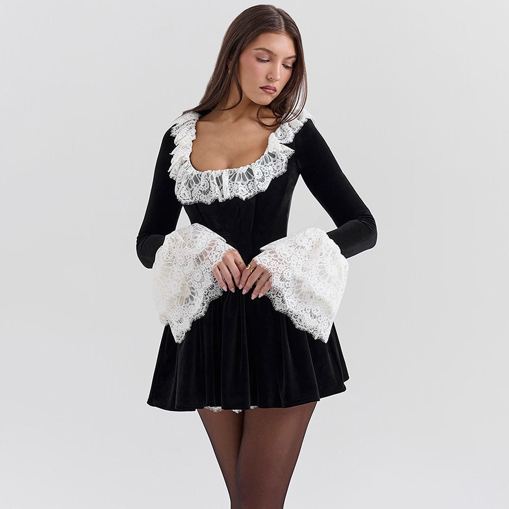 Spring Sexy Square Neck Fashion Lace Bell Bottom Sleeve Dress 3