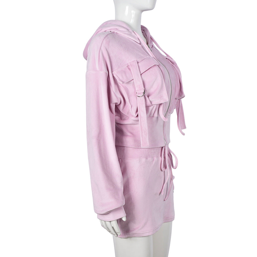 Women autumn and winter long-sleeved hooded Hoodies fleece and Skirt two-piece set 10